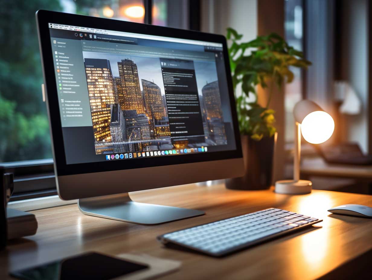 A computer monitor and keyboard on a desk. The monitor shows some webpage.