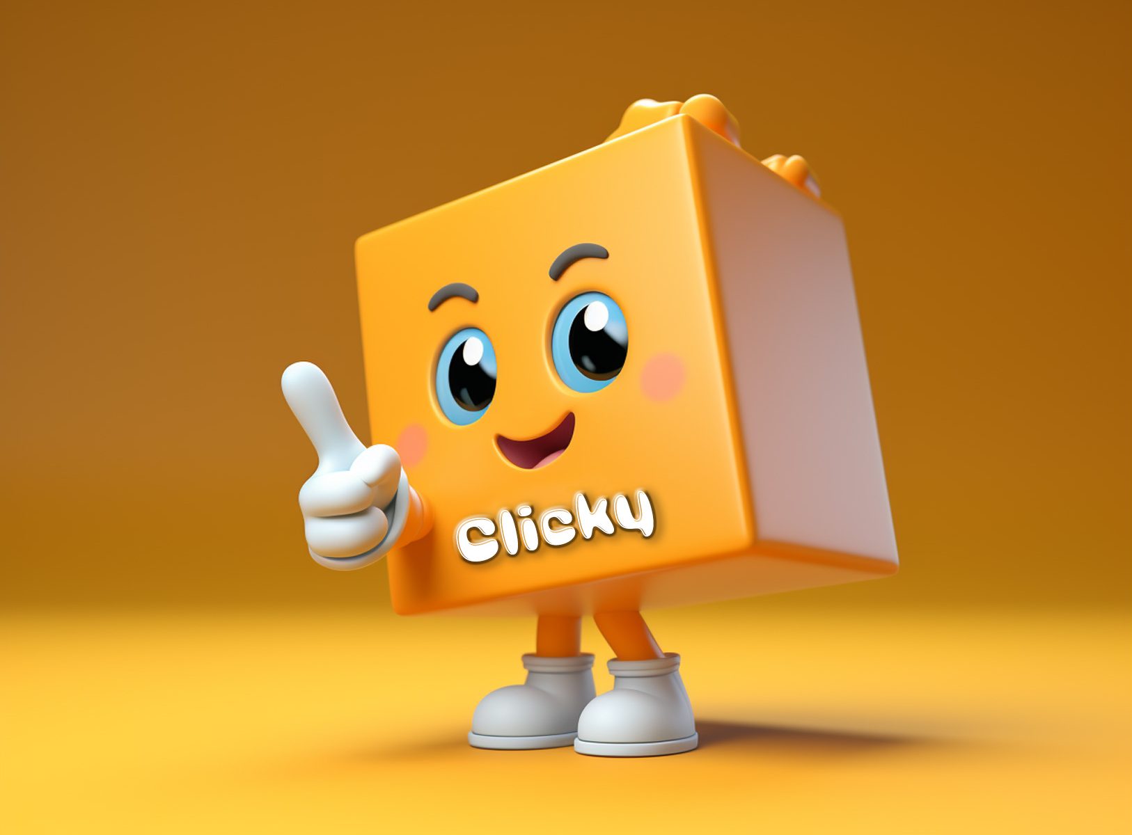 a comical yellow square character with a cursor pointer for a hand and the name Clicky on it.