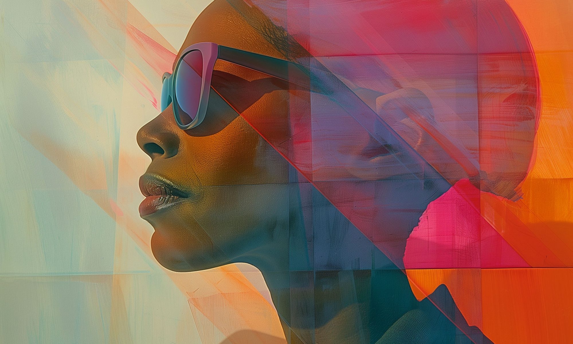 A.I. art in painterly style. A Black woman in profile wears dark sunglasses. Abstract overlay gives a pink and orange colorful look to the background